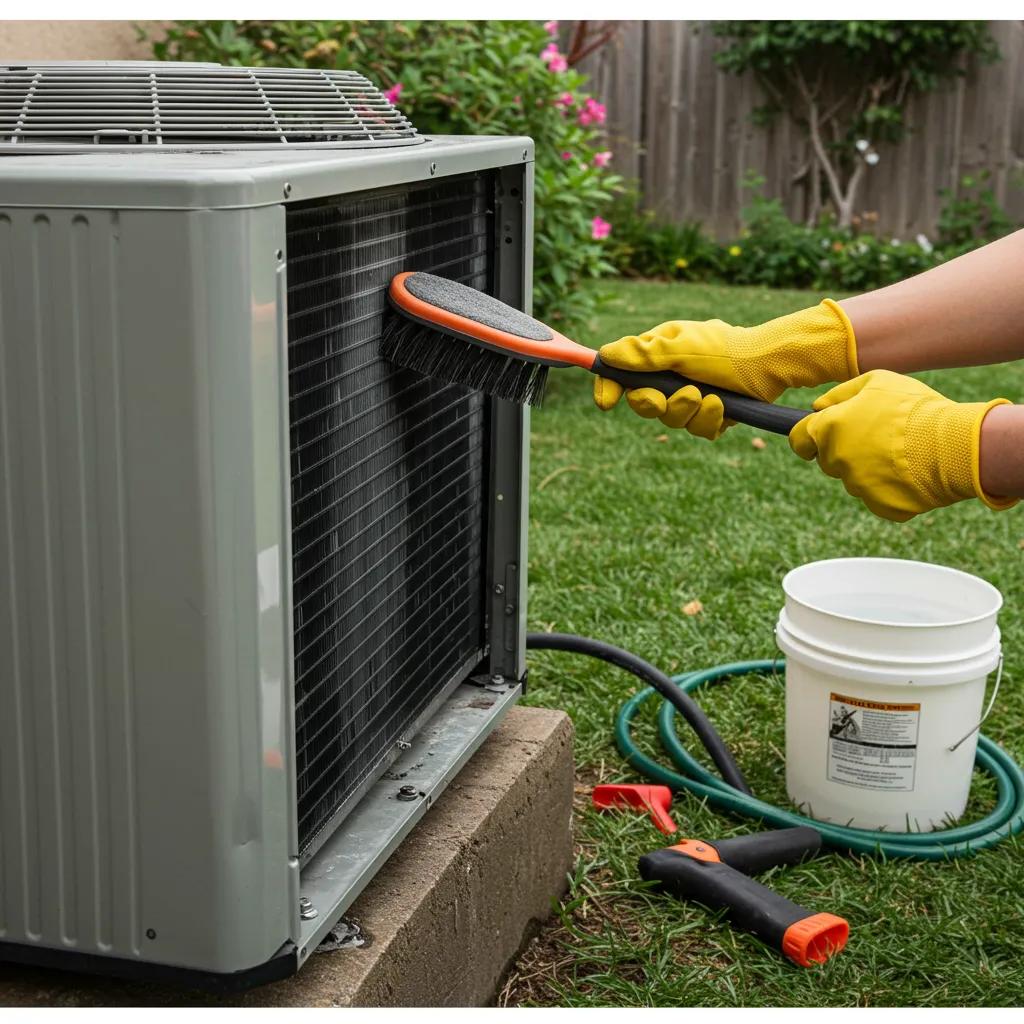 Homeowner cleaning an outdoor AC unit as part of winter preparation steps