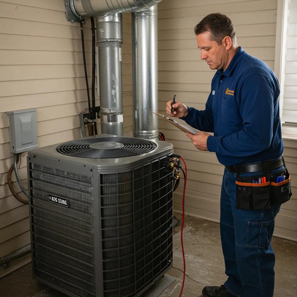 HVAC technician performing professional winter maintenance on an air conditioning unit