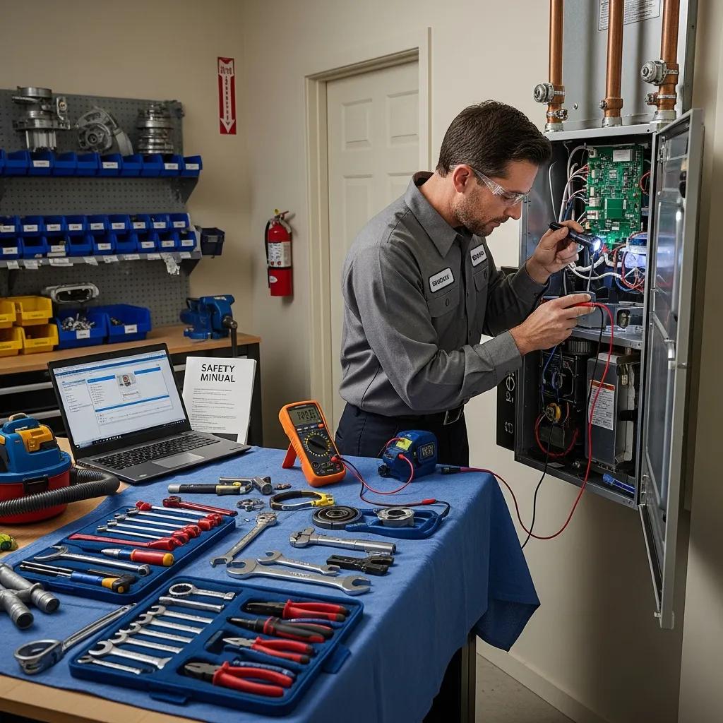 Maximize Savings: Heating System Maintenance Tips You Need 3 Technician inspecting a heating system—professional tune-ups prevent breakdowns and extend equipment life
