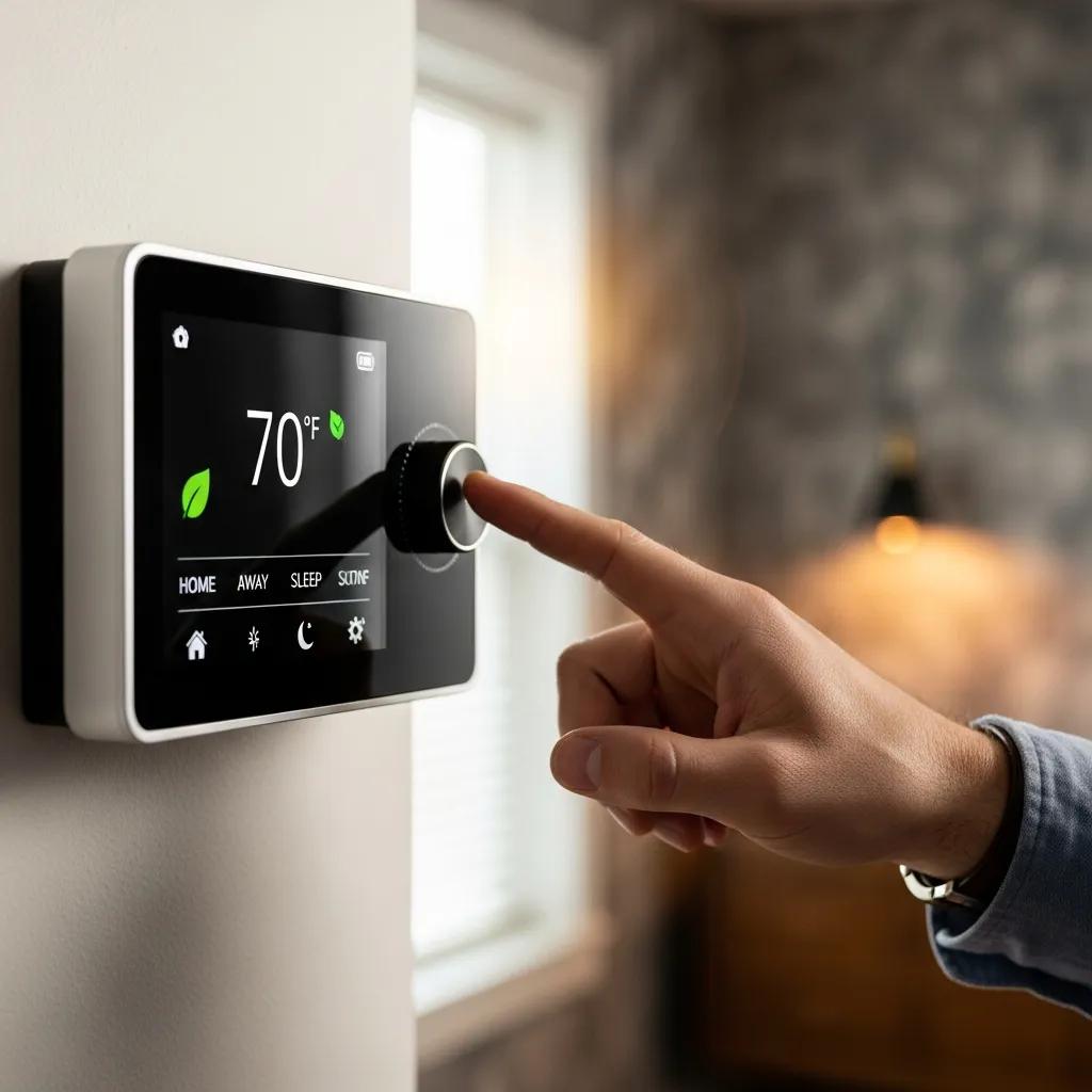 Tips to Improve Your HVAC System's Efficiency 3 Smart thermostat in use, displaying 70°F, with a hand adjusting settings, emphasizing energy-saving features and modern home technology.