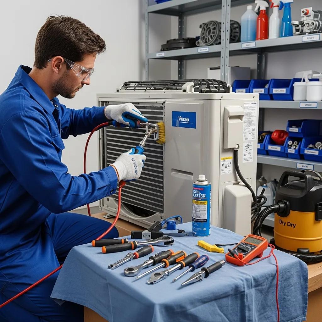 Tips to Improve Your HVAC System's Efficiency 2 Technician performing HVAC maintenance with tools, emphasizing the importance of regular upkeep for system efficiency and longevity.