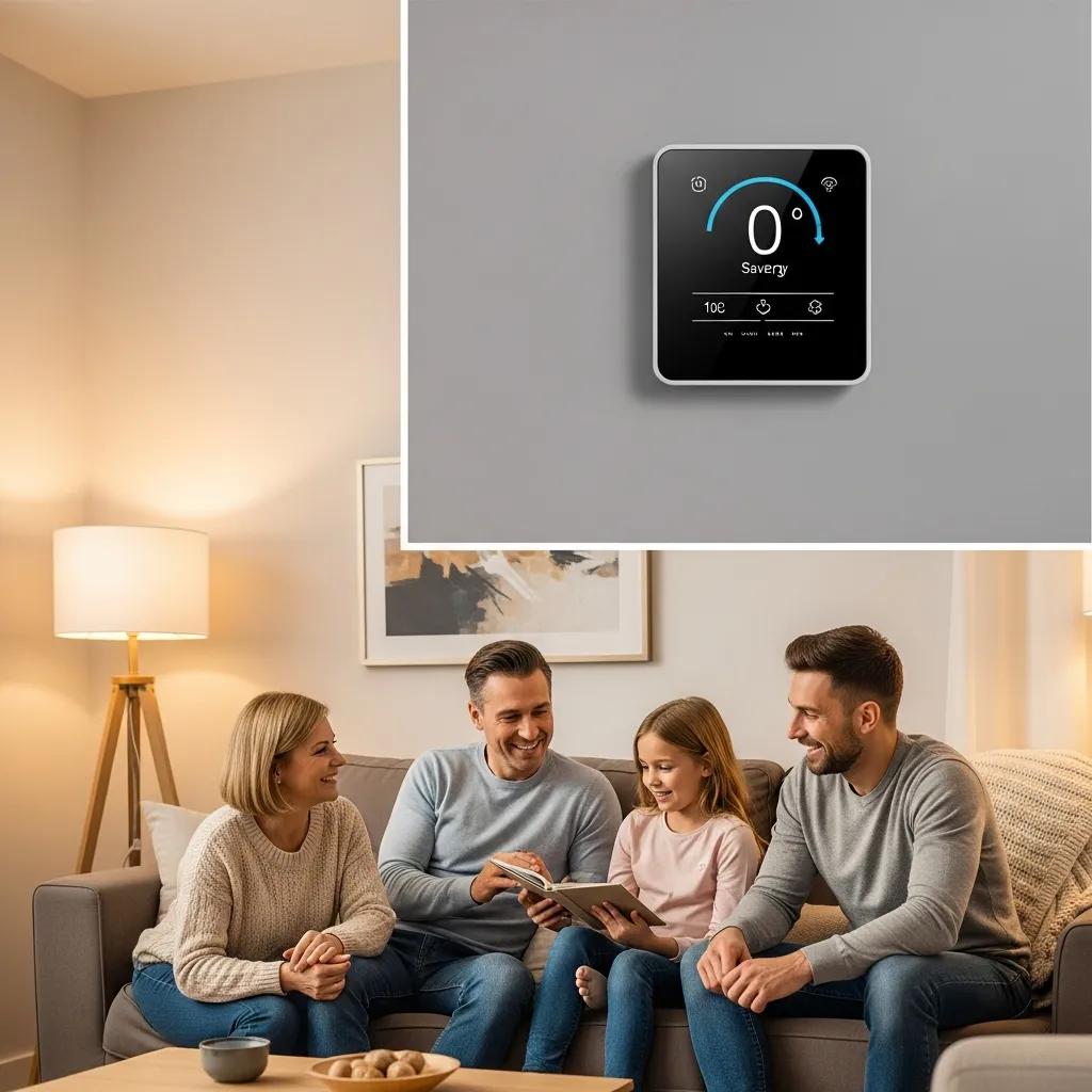 Family enjoying comfort in a cozy living room with a smart thermostat