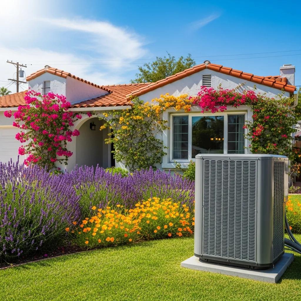 HVAC Blog 7 San Diego home with a well-maintained air conditioning unit in a spring setting