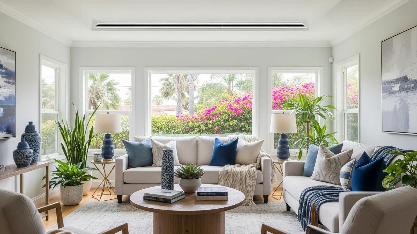 HVAC Blog 7 Bright living room in San Diego featuring a whole-home ventilation system, emphasizing energy efficiency and comfort