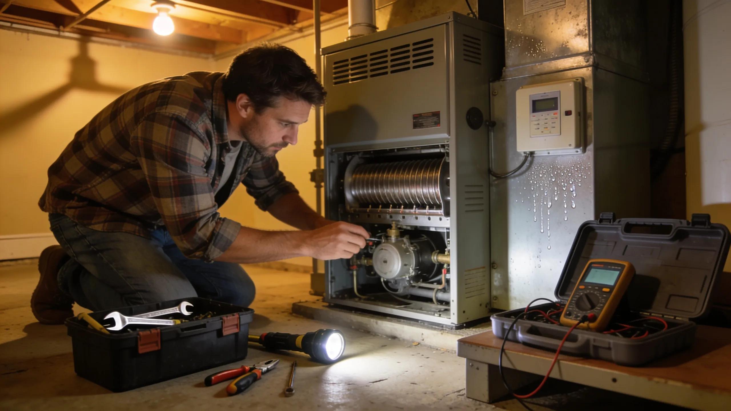 Why Is My HVAC System So Noisy? Solutions Inside! 2 Homeowner inspecting a furnace for noise issues, emphasizing troubleshooting steps