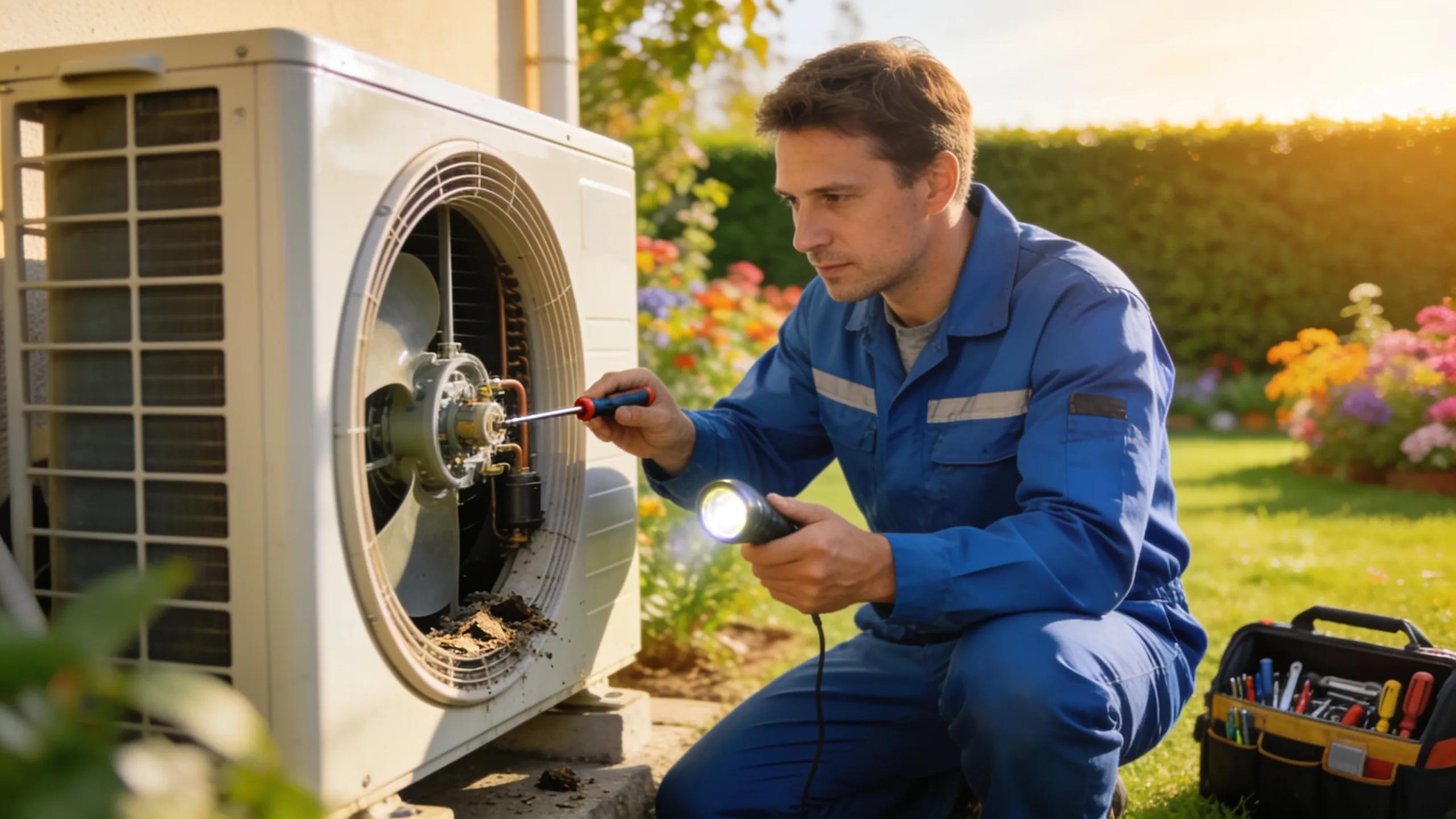 Why Is My HVAC System So Noisy? Solutions Inside! 3 Technician troubleshooting an air conditioning unit for noise issues, highlighting repair methods